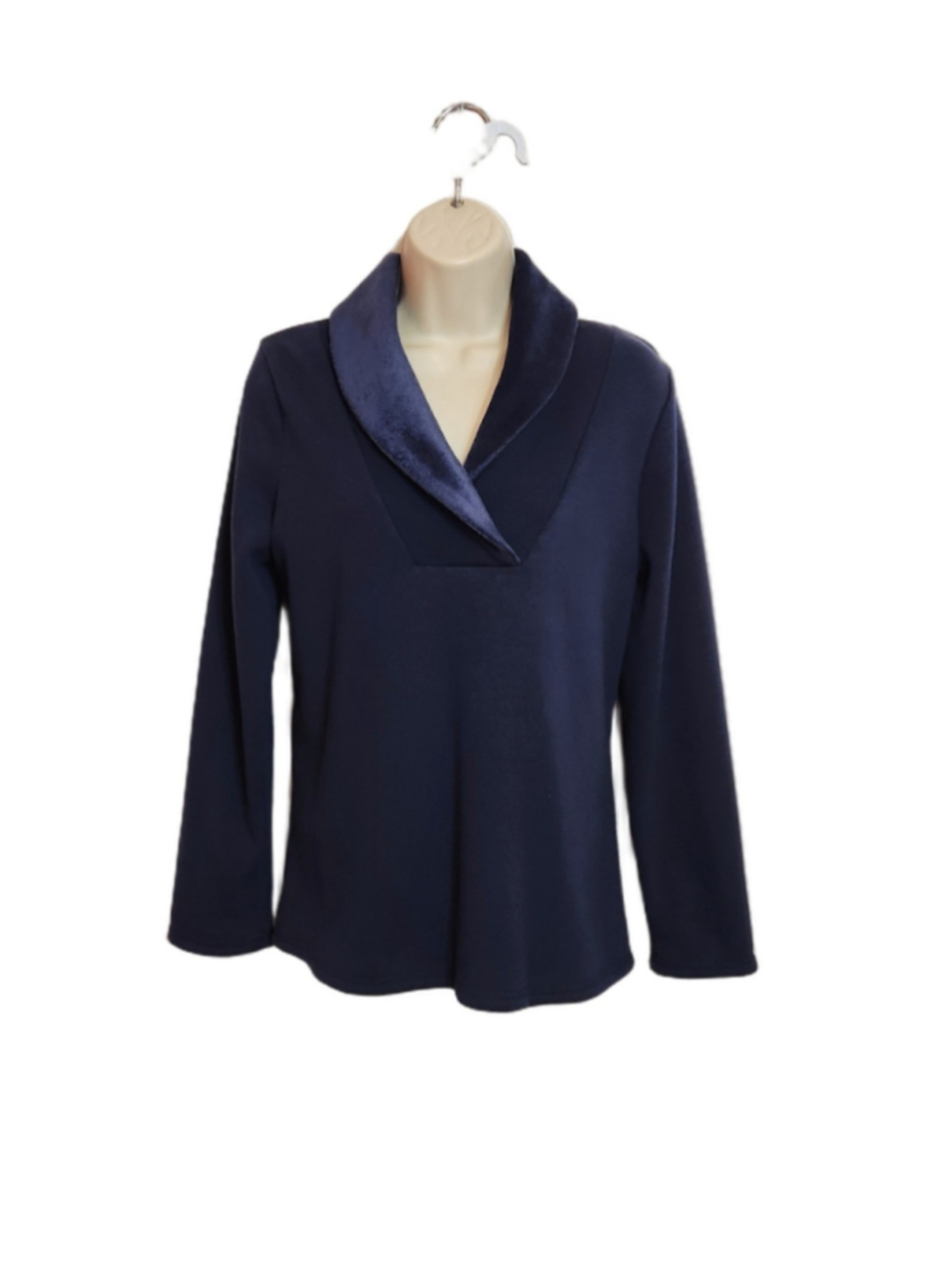 Appleseed's Petites Navy Velour-Lined Shawl Collar Pullover Knit Top Medium
